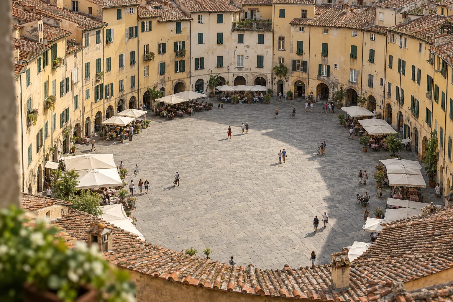 Aerial view of the oval of Piazza dell’Anfiteatro among the terracotta roofs of Lucca