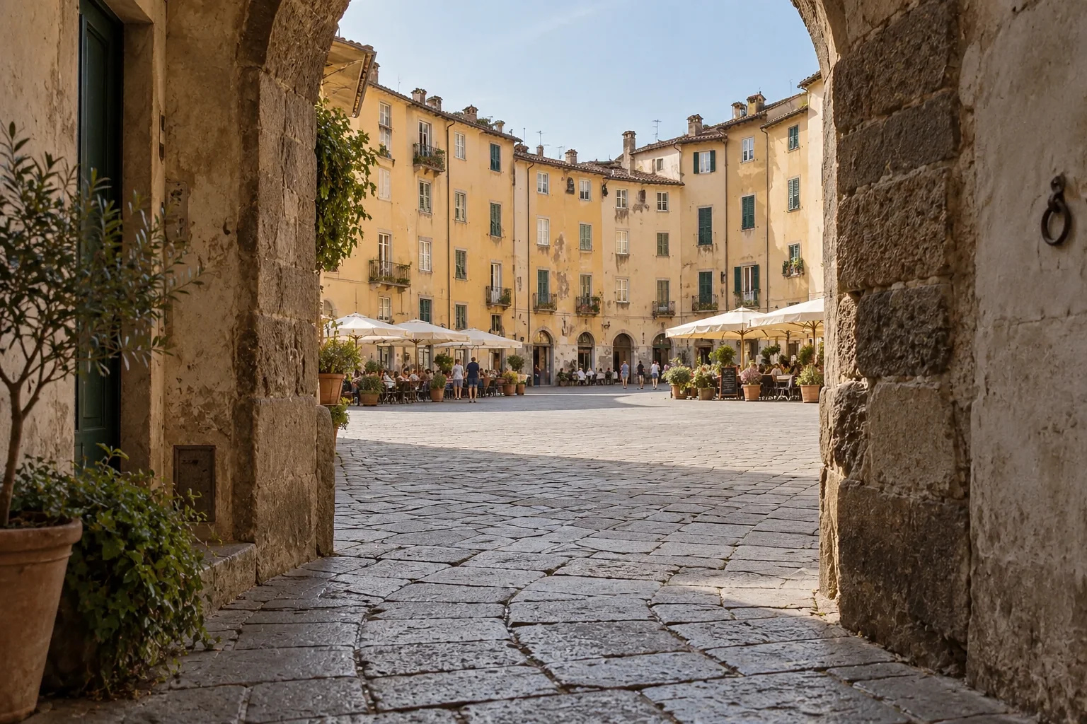 Looking through a vaulted passage into Piazza dell’Anfiteatro in Lucca