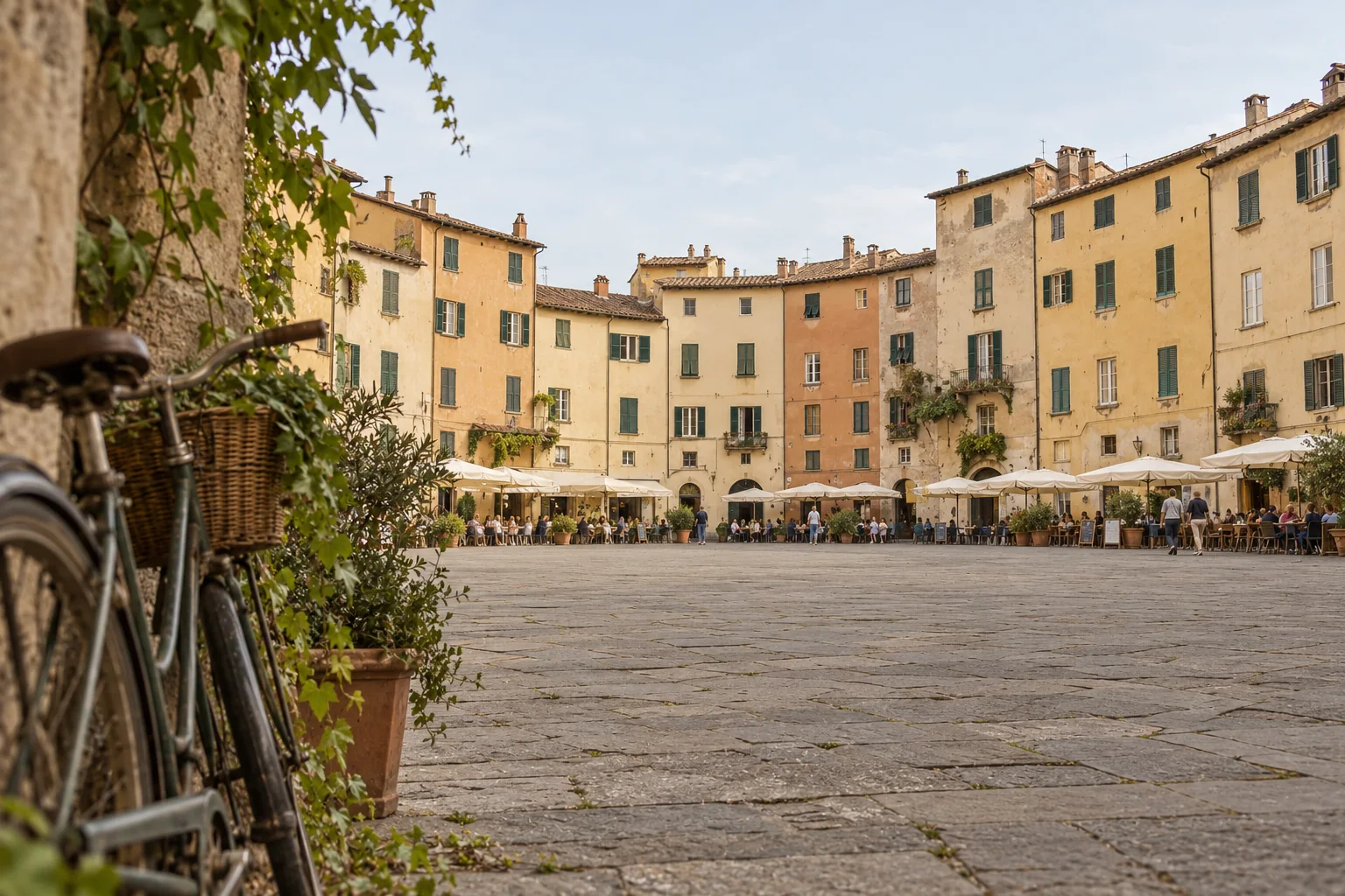 Piazza dell’Anfiteatro in Lucca, ringed by ochre houses that follow the Roman arena