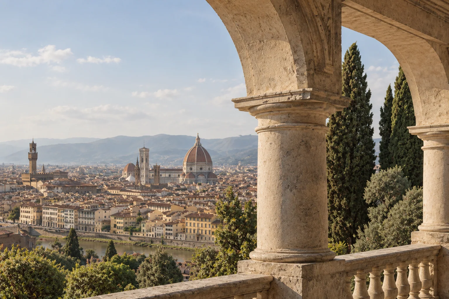 A round arch and pale stone column frame the loggia’s open edge.