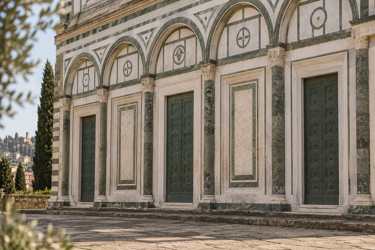 Geometric marble panels and round arches define San Miniato’s lower facade.