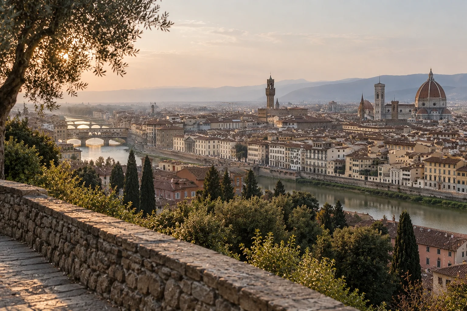 Florence at sunset from Piazzale Michelangelo, with the Arno, Palazzo Vecchio and Duomo