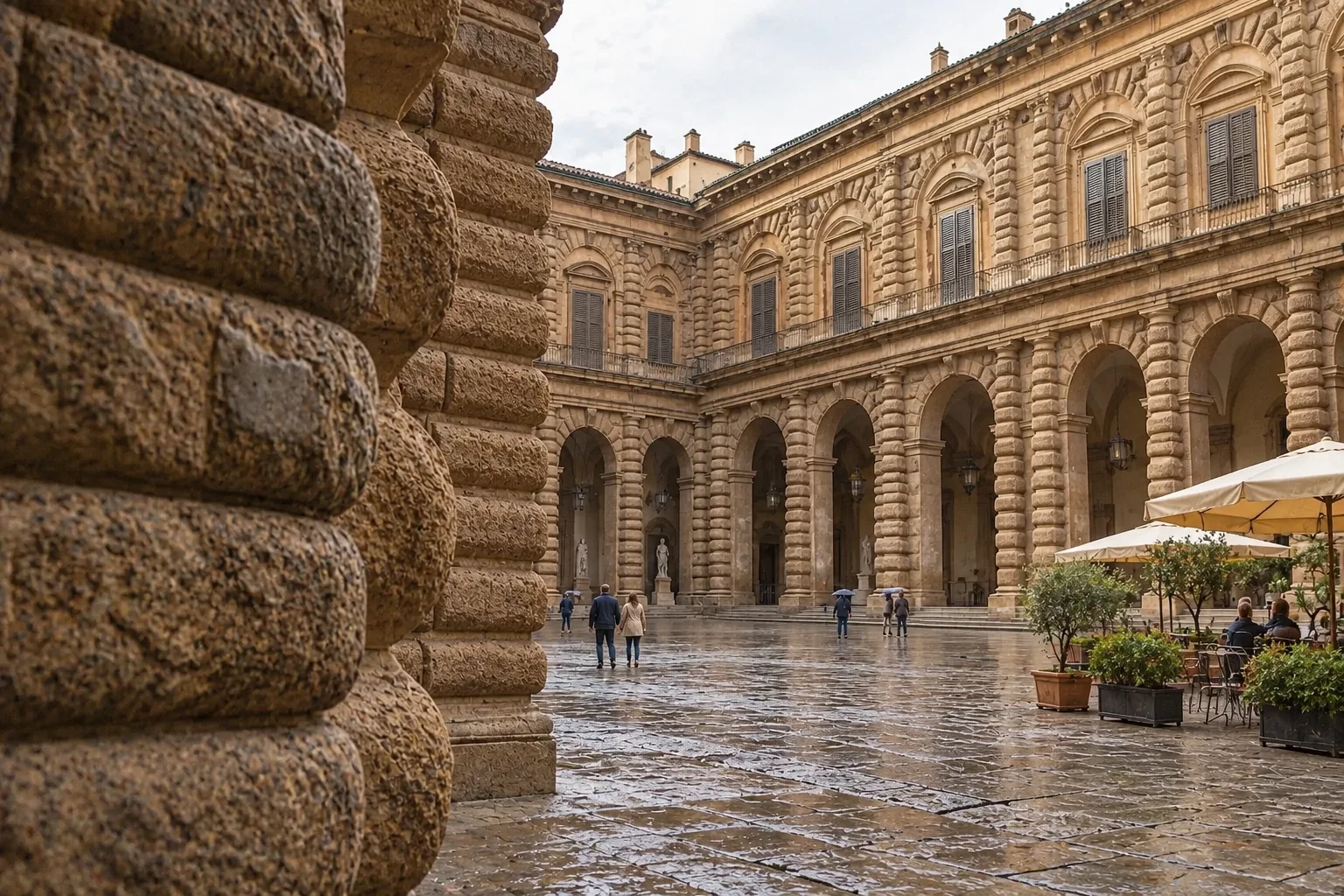 The rusticated walls and arcade of the Ammannati courtyard at Palazzo Pitti