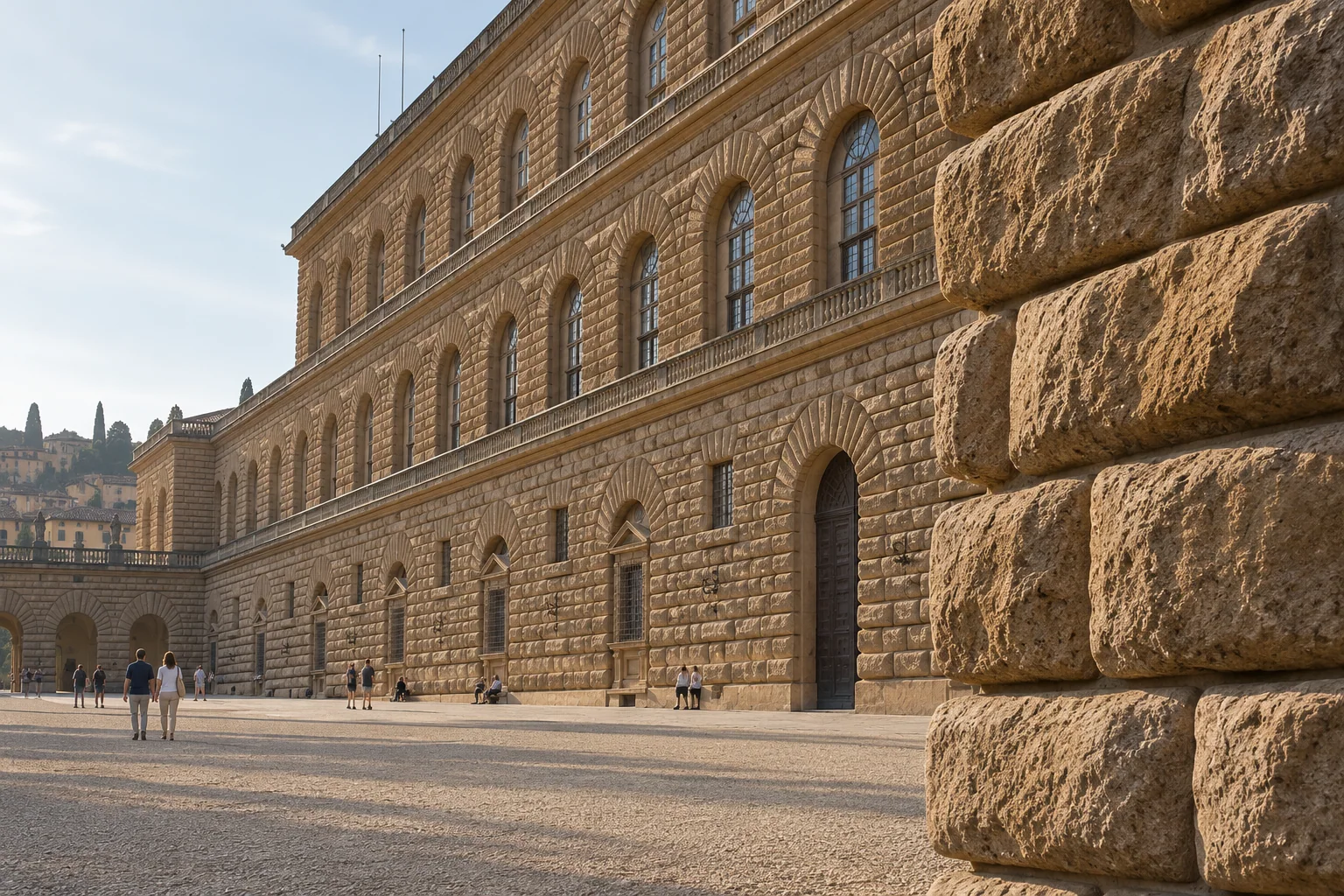 The long rusticated stone facade of Palazzo Pitti on its gravel piazza