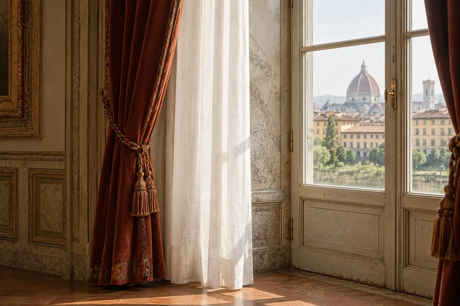 Soft window light falls beside pale curtains and rust-red drapery in the Palatine Gallery.