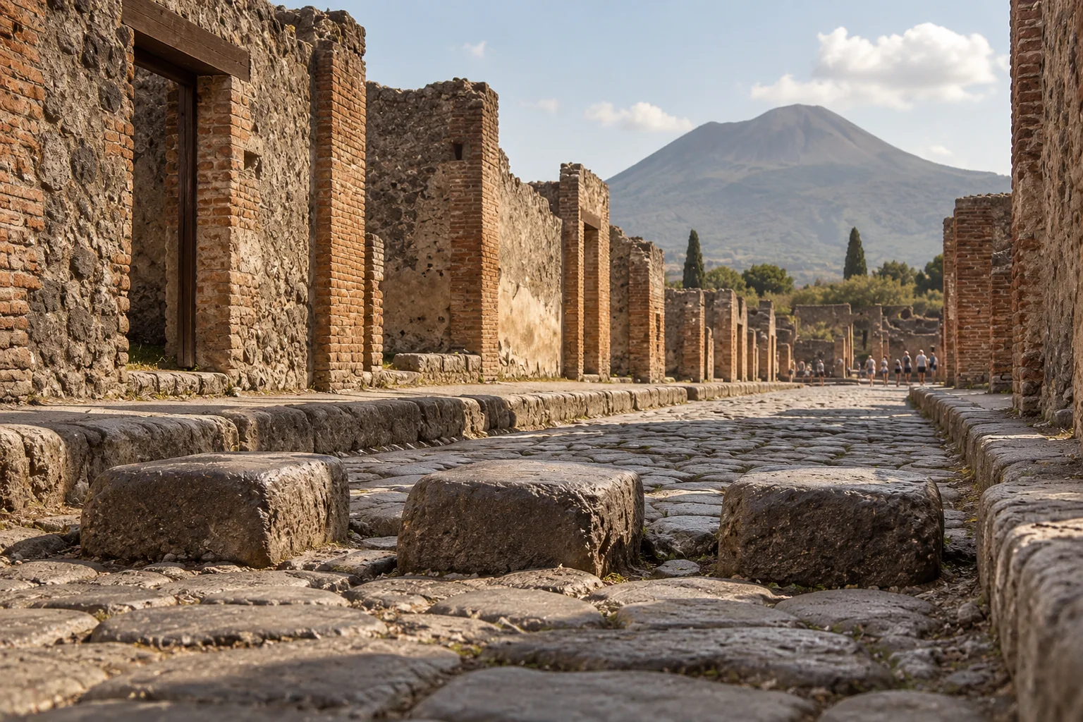A paved Pompeii street with deep cart ruts and brick corner pillars