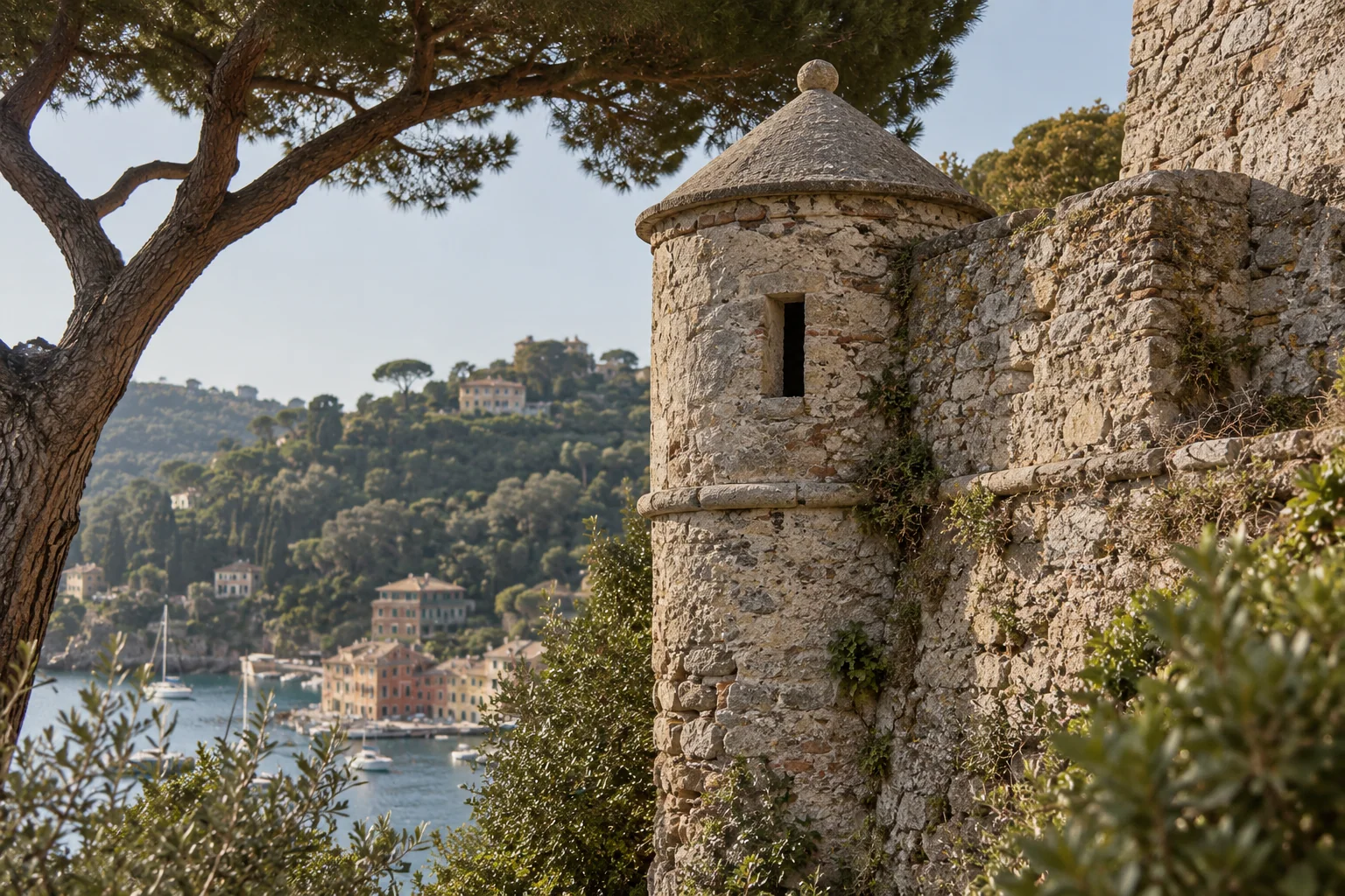 Castello Brown on its hill above Portofino, a stone fortress with a villa and round tower among olive trees