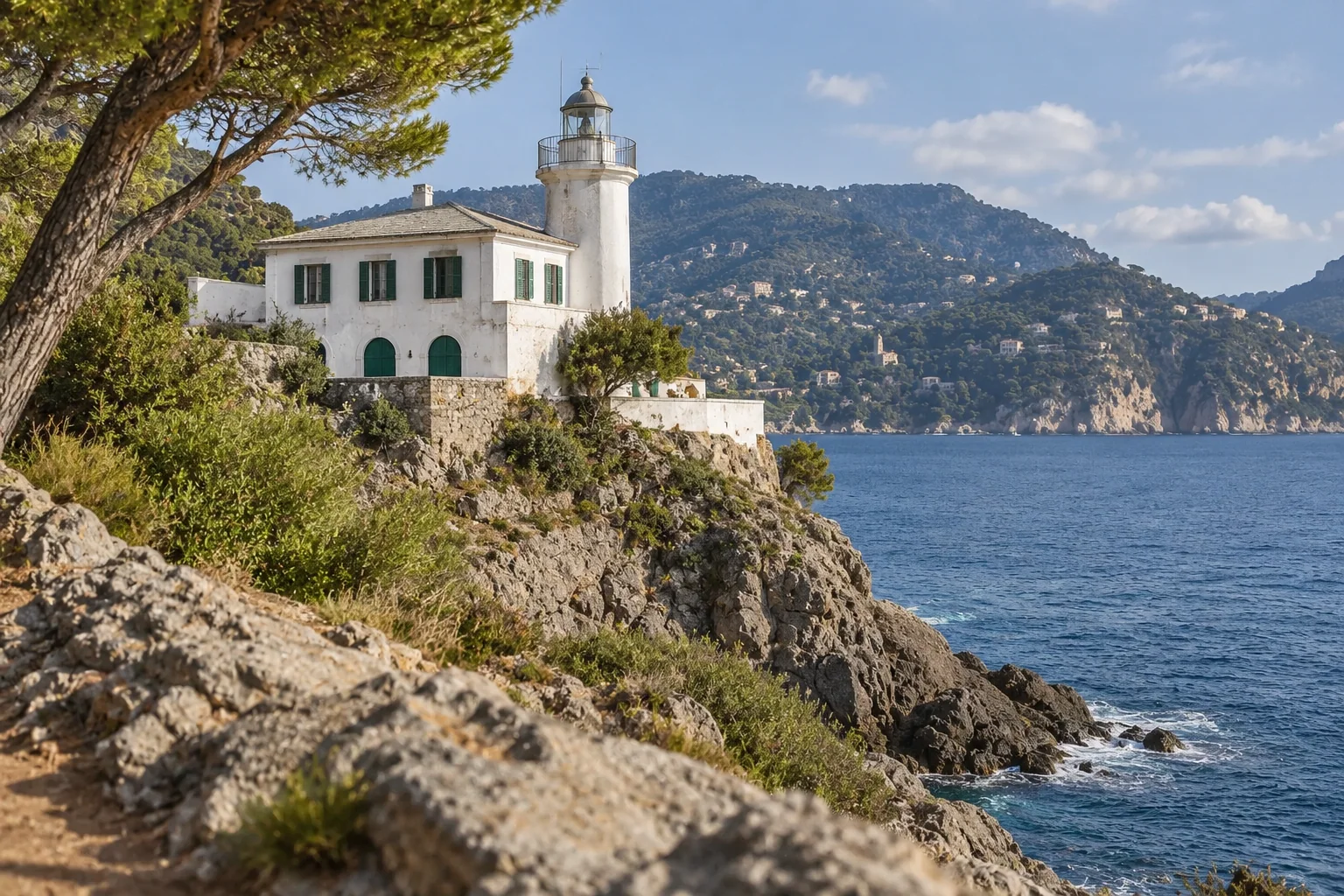 The white lighthouse at the tip of the Portofino promontory perched on a rocky cliff above the sea