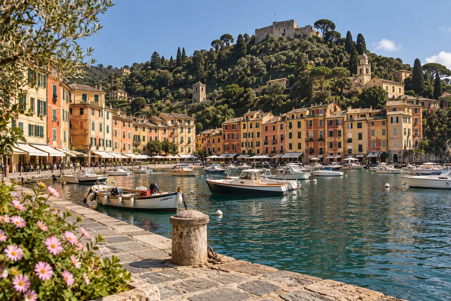 The half-moon harbor of Portofino with small boats, pastel houses and Castello Brown on the hill