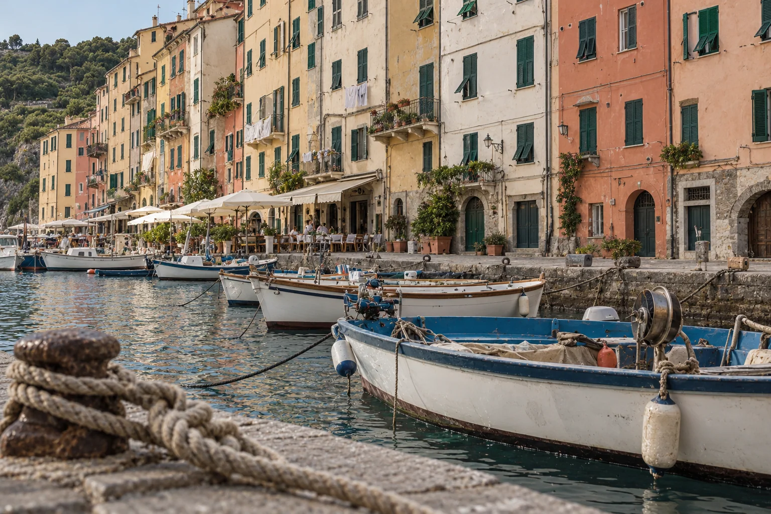 Fishing boats and narrow pastel houses on the waterfront at Portovenere