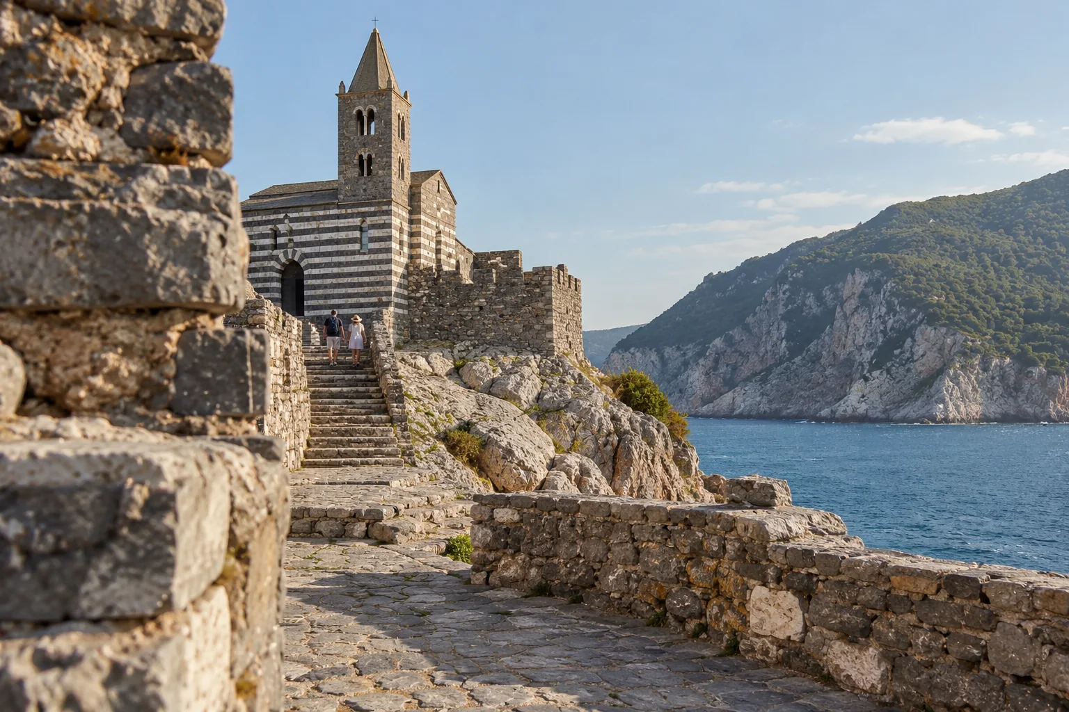 The black and white striped church of San Pietro on its rocky point at Portovenere