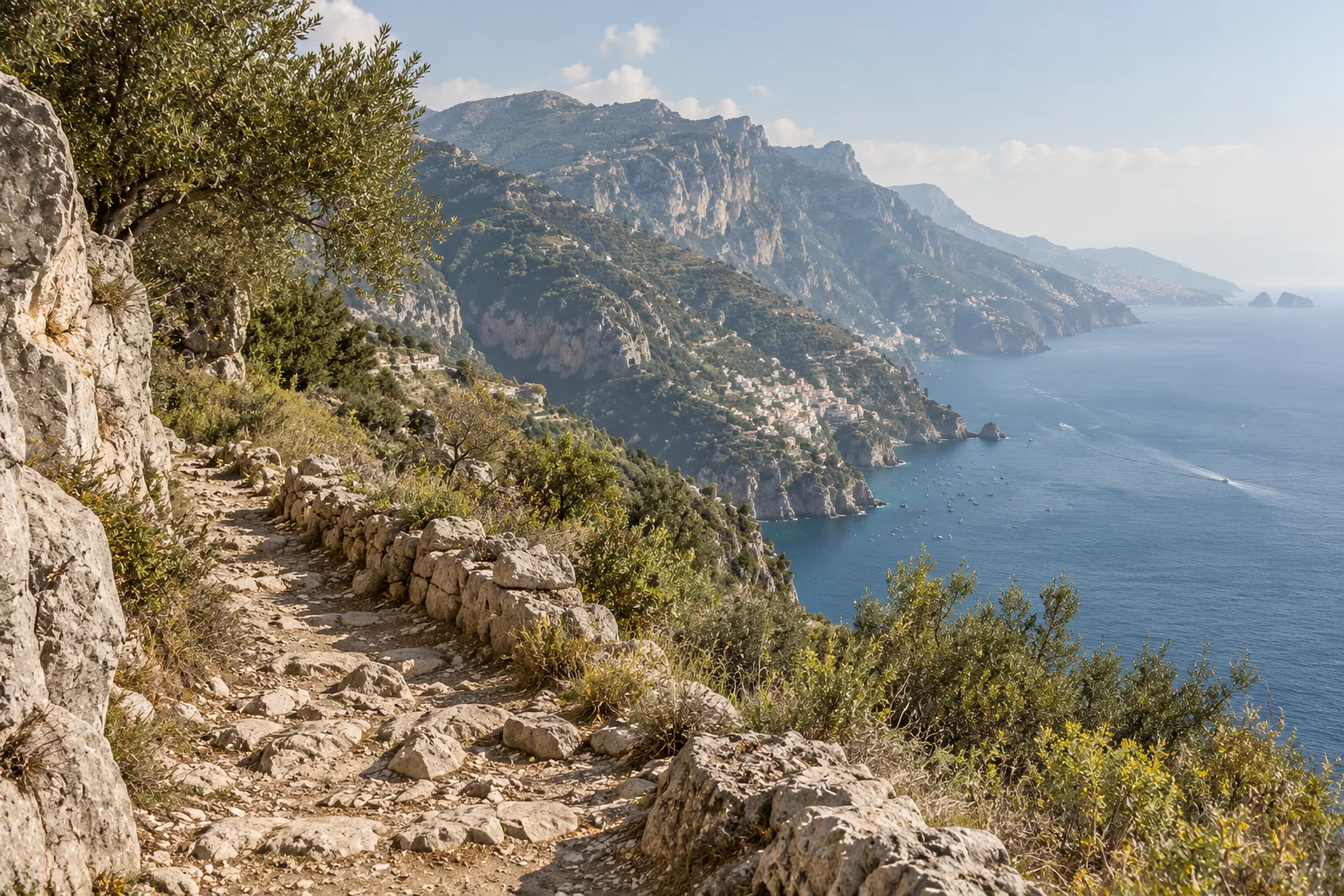 A narrow rocky stretch of the Path of the Gods above the Amalfi Coast