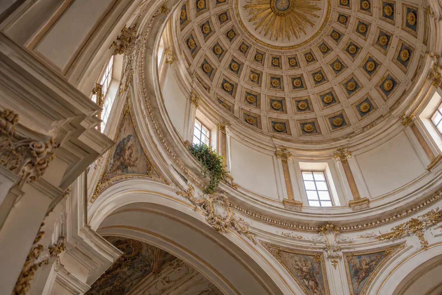 The coffered dome inside the abbey church of San Michele Arcangelo on Procida