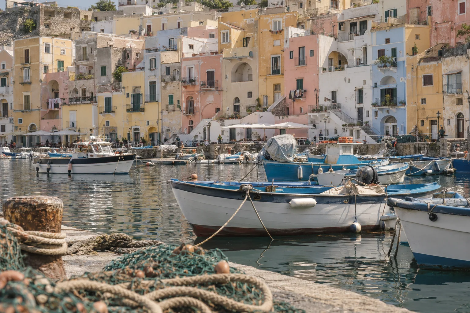 Moored fishing boats, nets and pastel house tiers in Corricella harbor on Procida