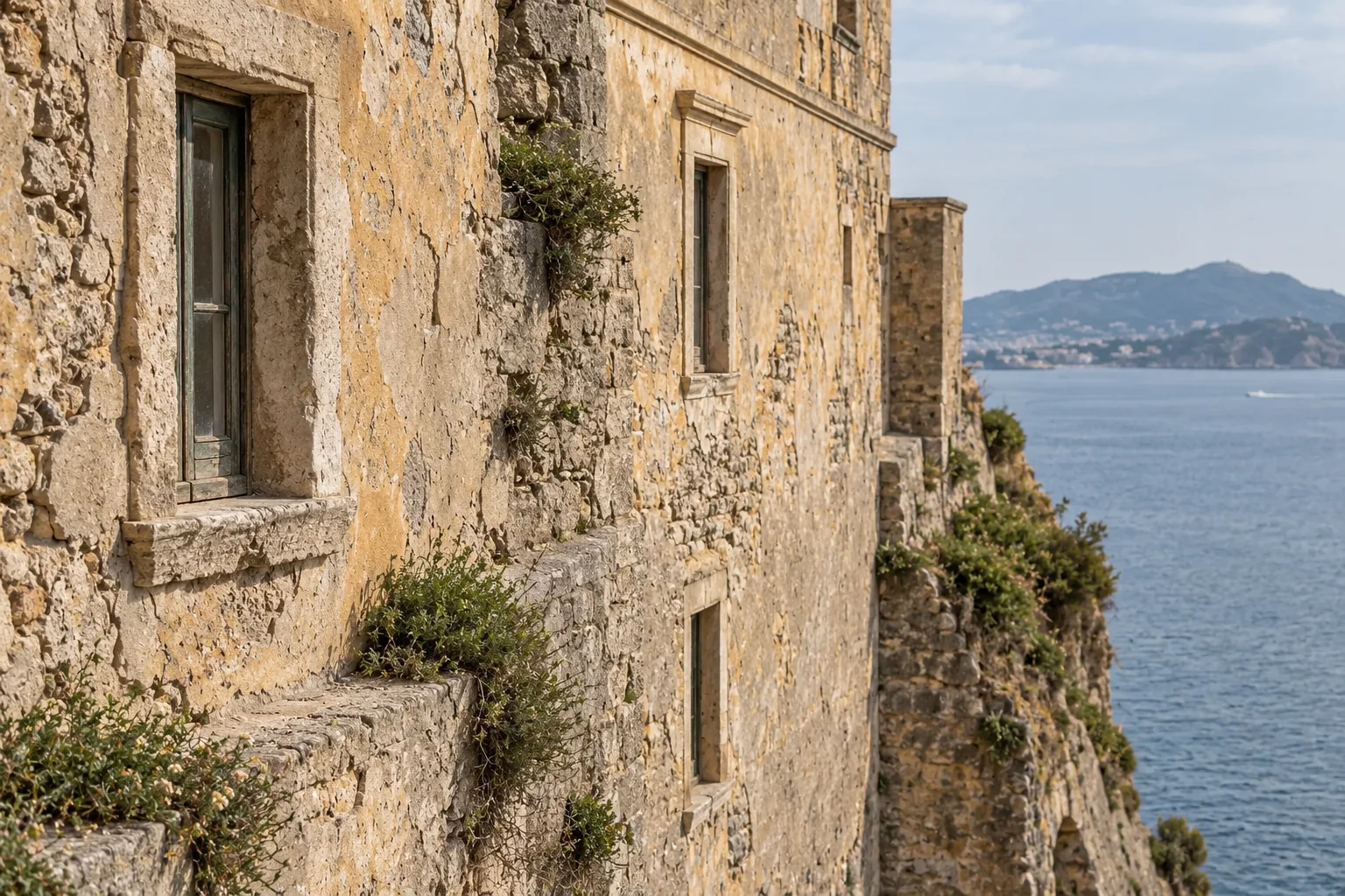 Weathered ochre masonry and plain windows of Palazzo d’Avalos above the sea on Procida