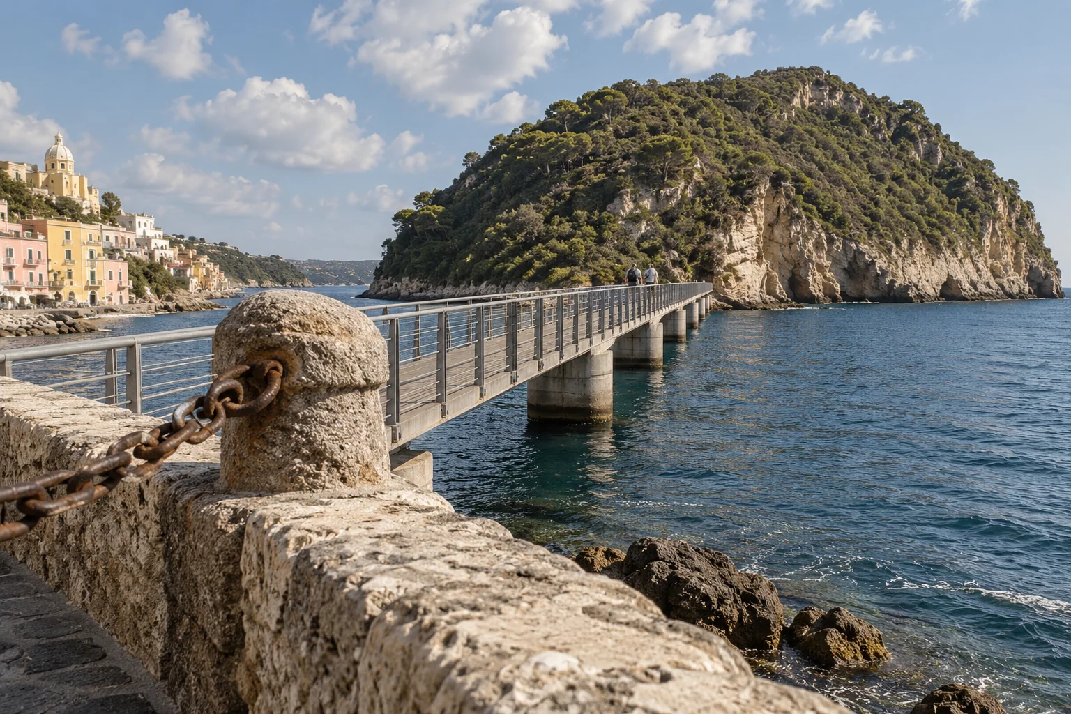 The footbridge from Procida to the green islet of Vivara over deep blue sea