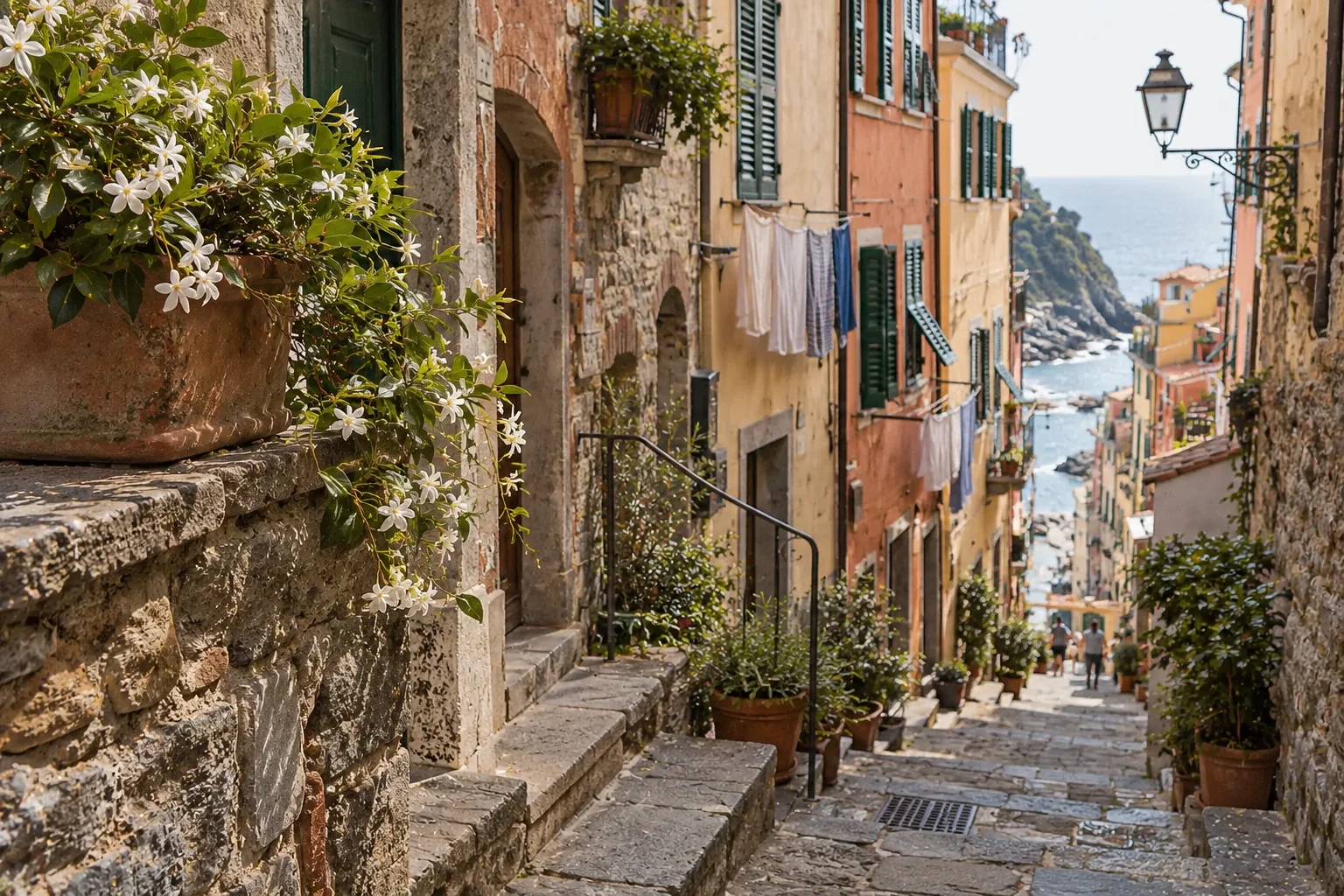 A stepped lane among Riomaggiore's tall houses near Via Colombo