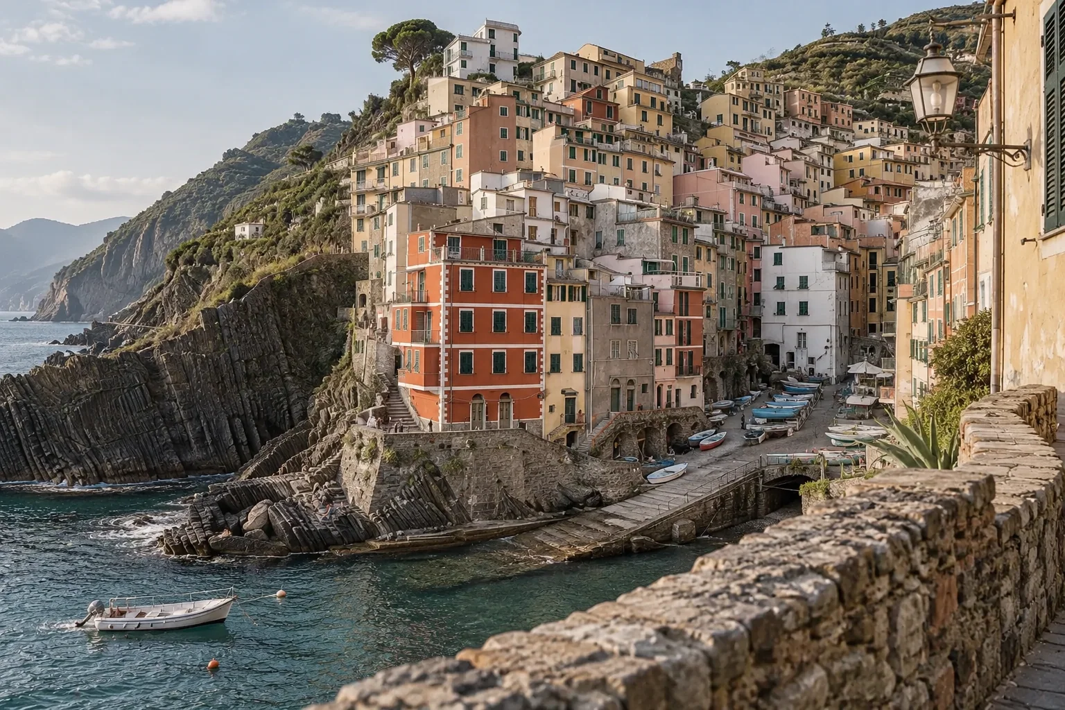Riomaggiore's colorful houses above its rocky harbor and boat slipway