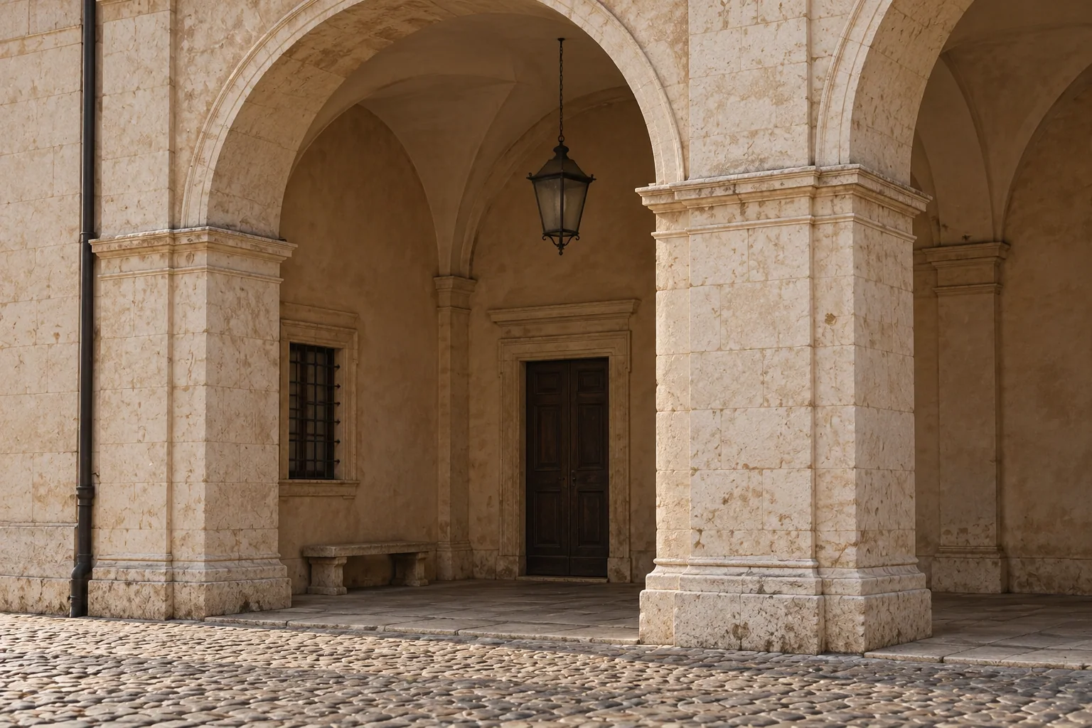 An angled view of one round arch and plaster pier in the Palazzo Ducale portico at Sabbioneta