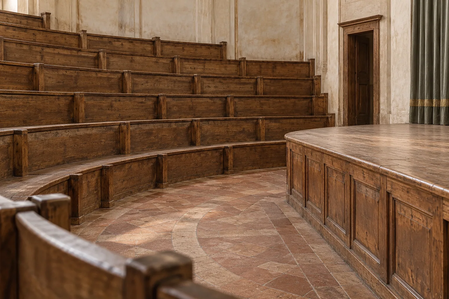Curving wooden benches draw the eye toward the intimate stage.