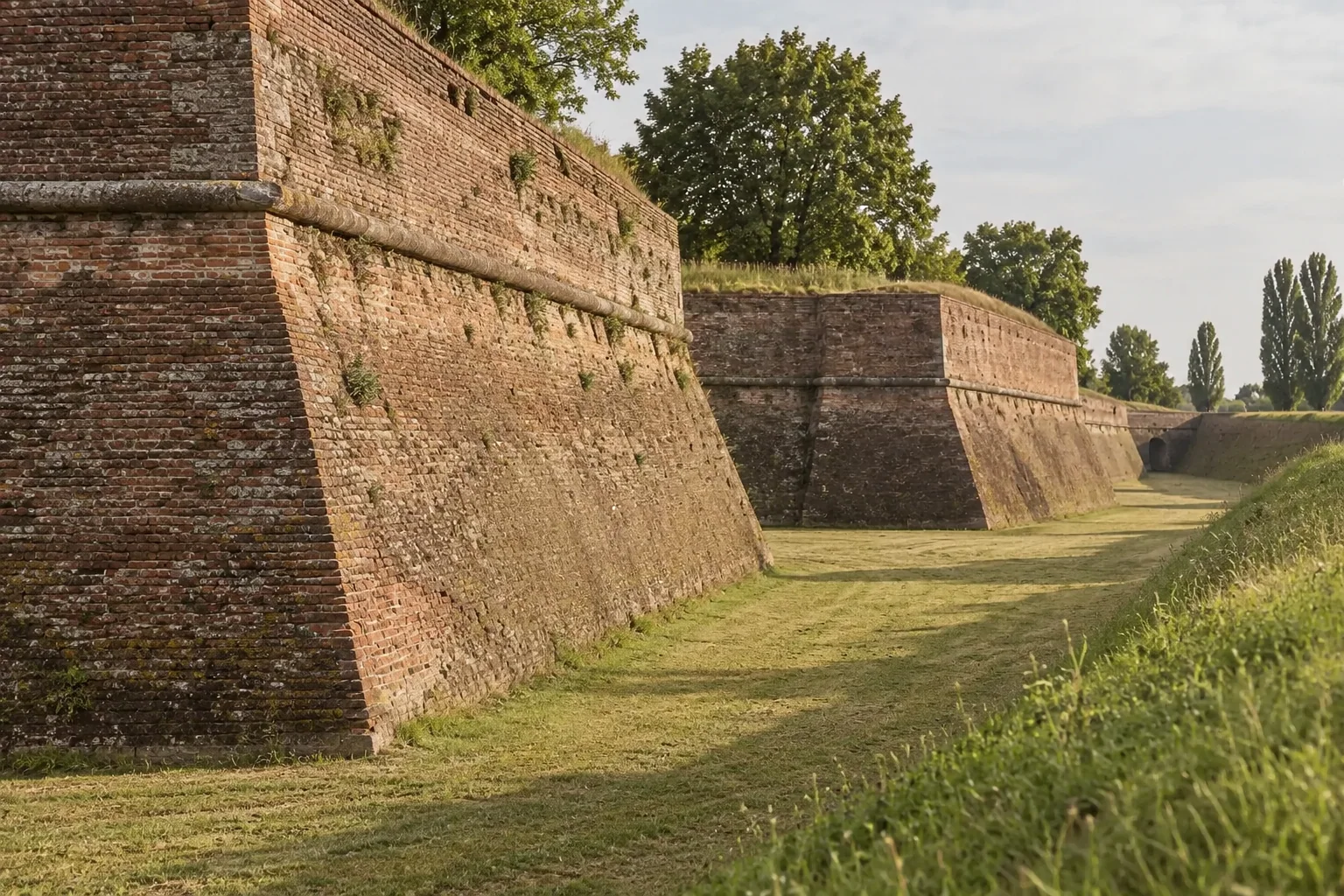 An oblique view along red-brick bastions and the grassy moat at Sabbioneta