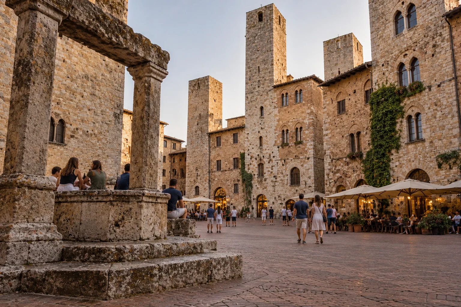 Piazza della Cisterna at dusk with the old well and tower houses