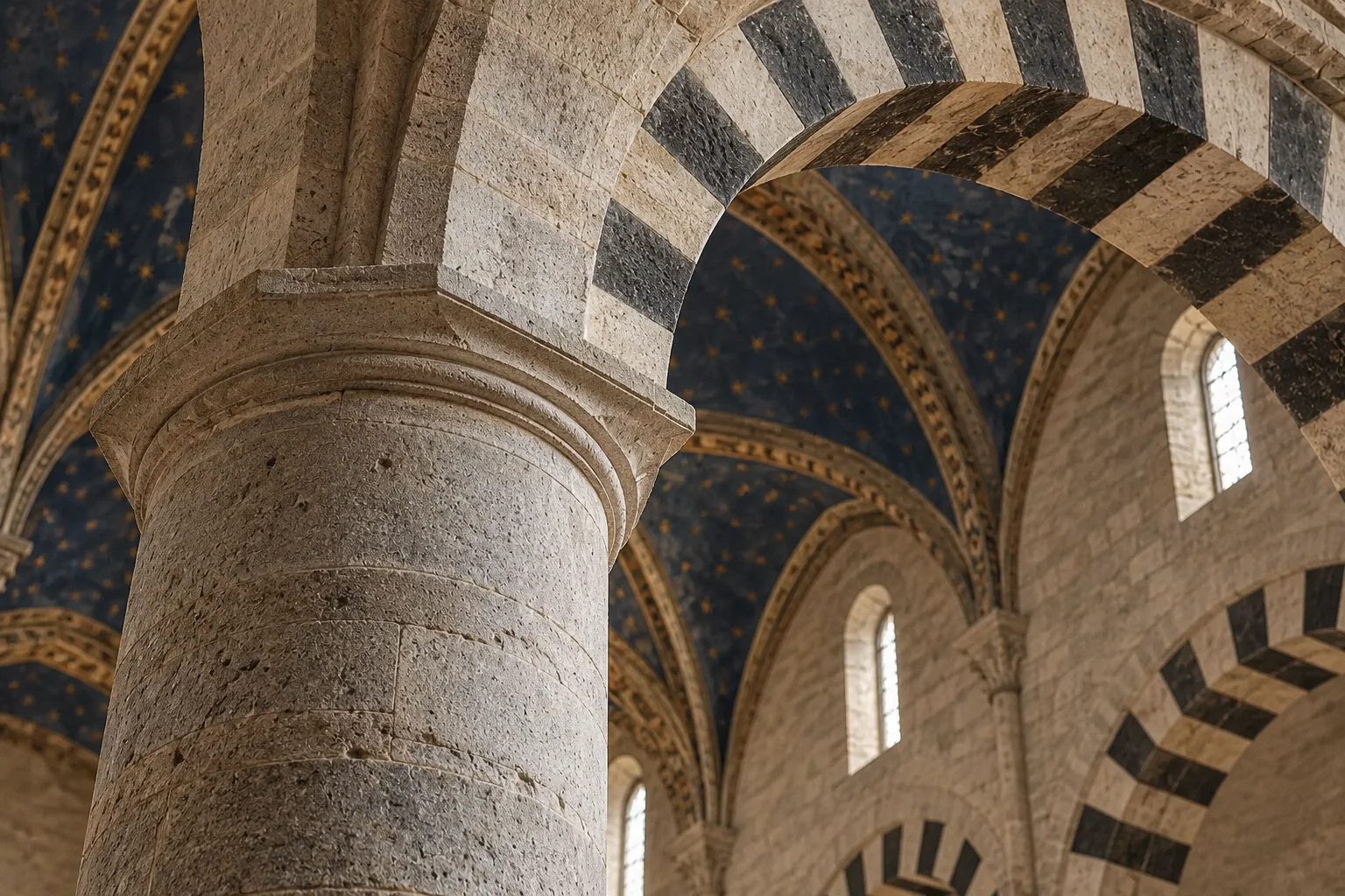 The striped arches and star-spangled blue vault of the Collegiata nave