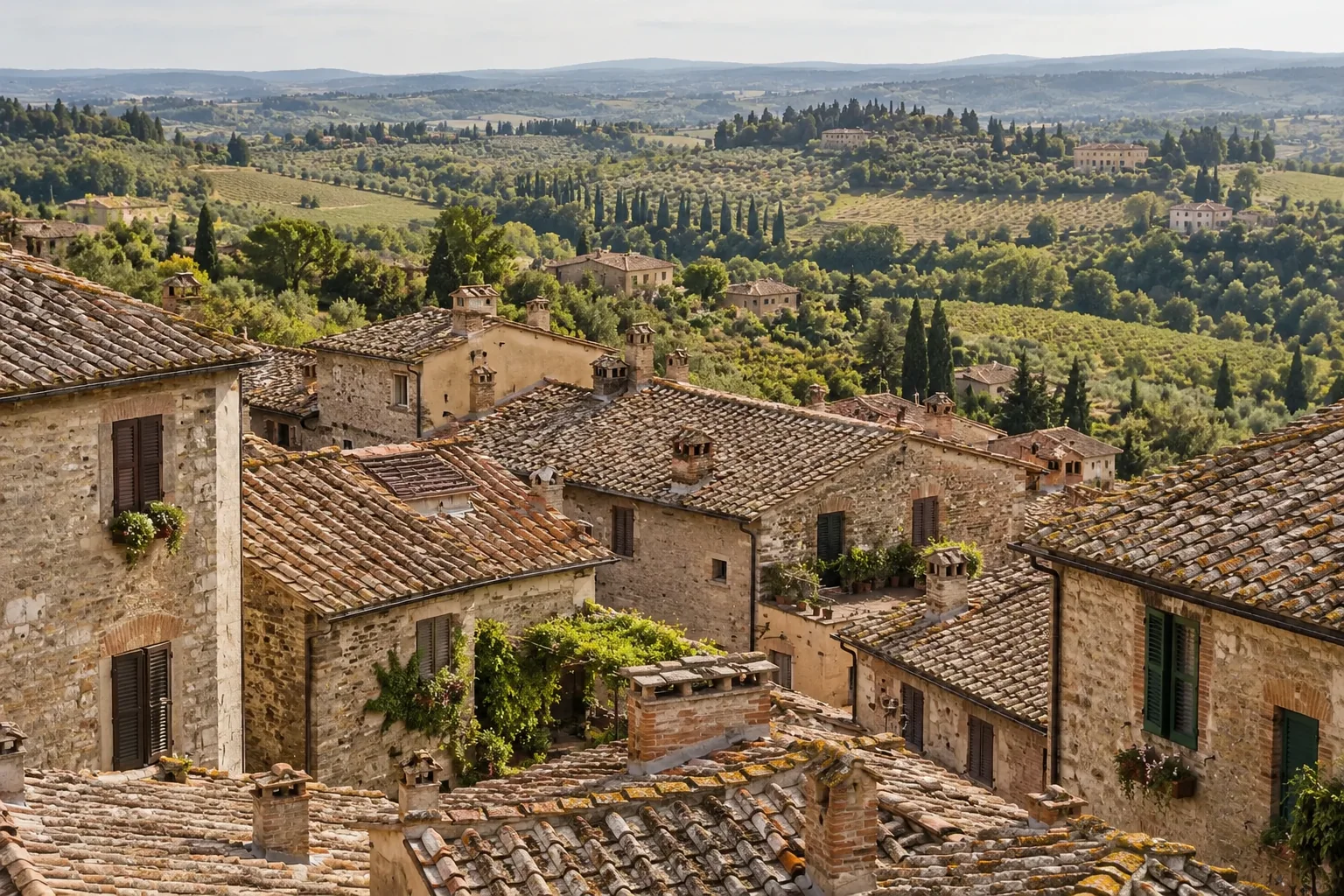 Terracotta roofs and weathered stone walls meet the green Tuscan valley.