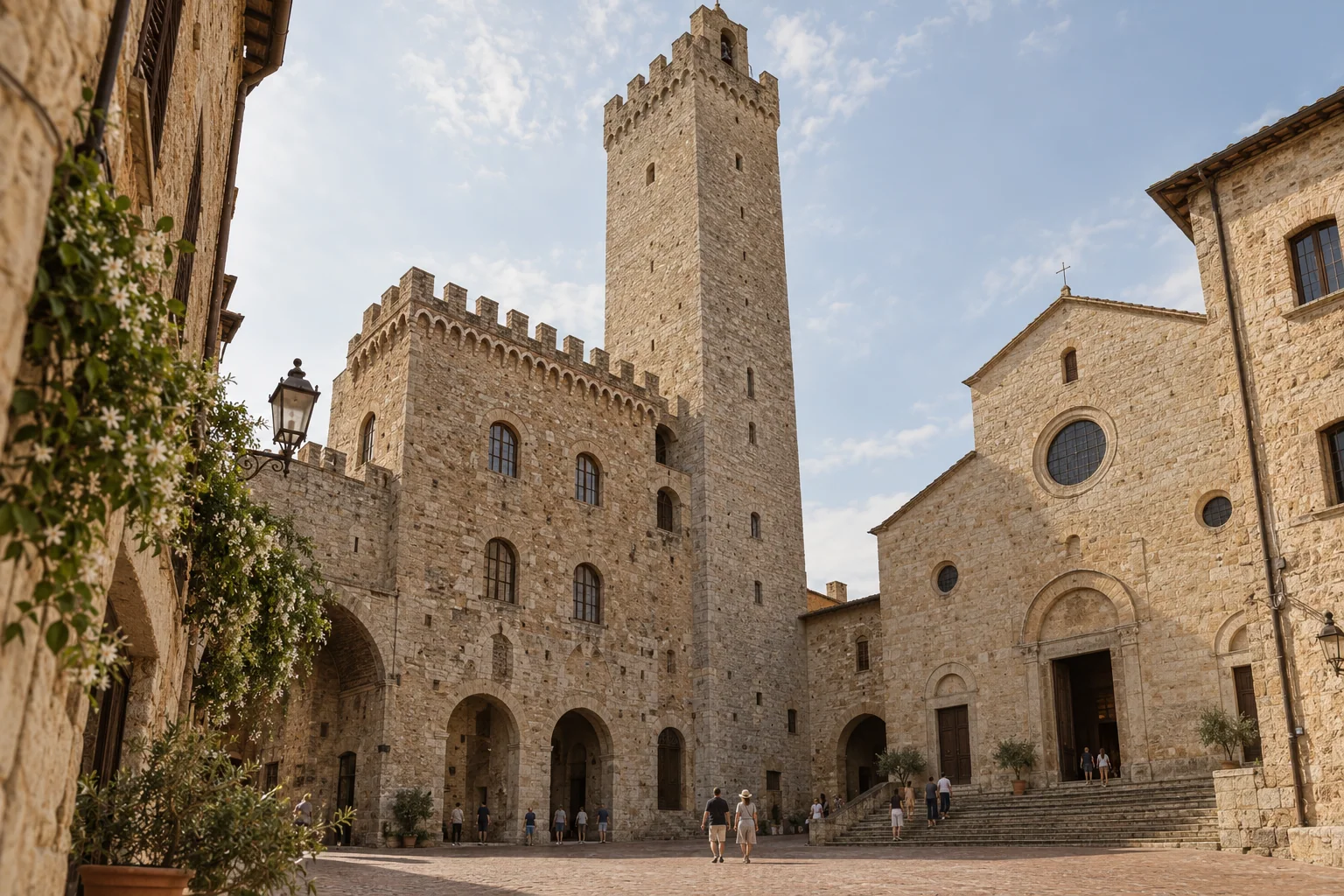 A street-level view of Torre Grossa and the adjoining civic palace in San Gimignano