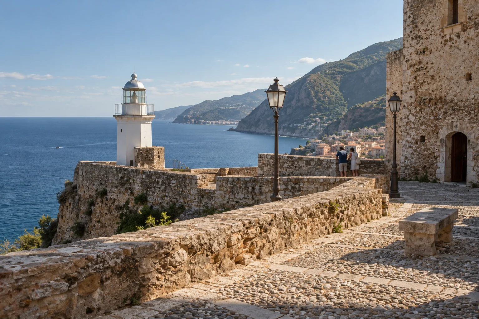 The upper terrace of Castello Ruffo in Scilla with its lighthouse and the open sea