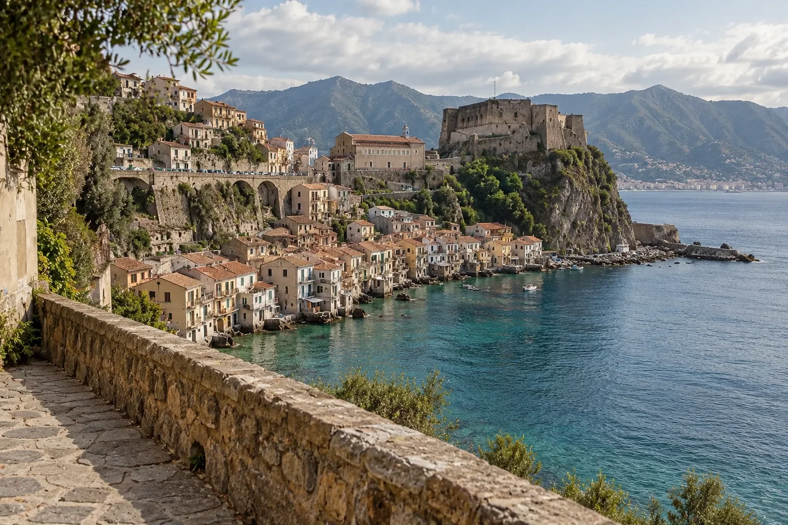 The fishing quarter of Chianalea along the water’s edge in Scilla, seen from above