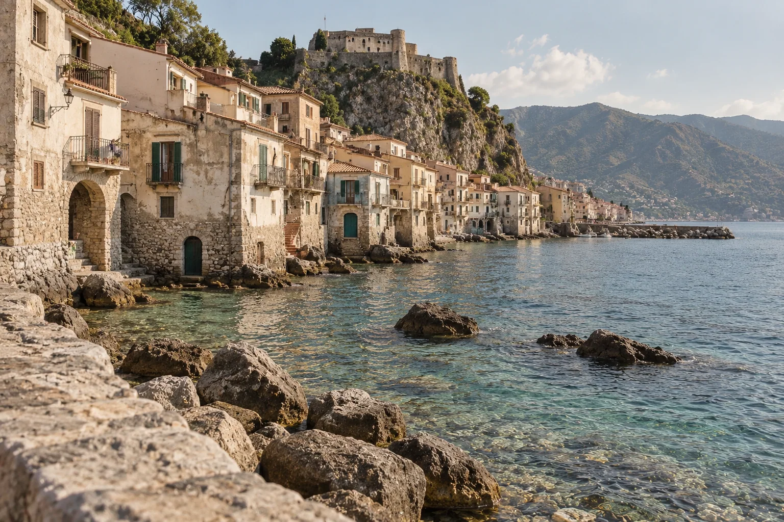 Houses of Chianalea built straight into the sea, seen from the stony shore