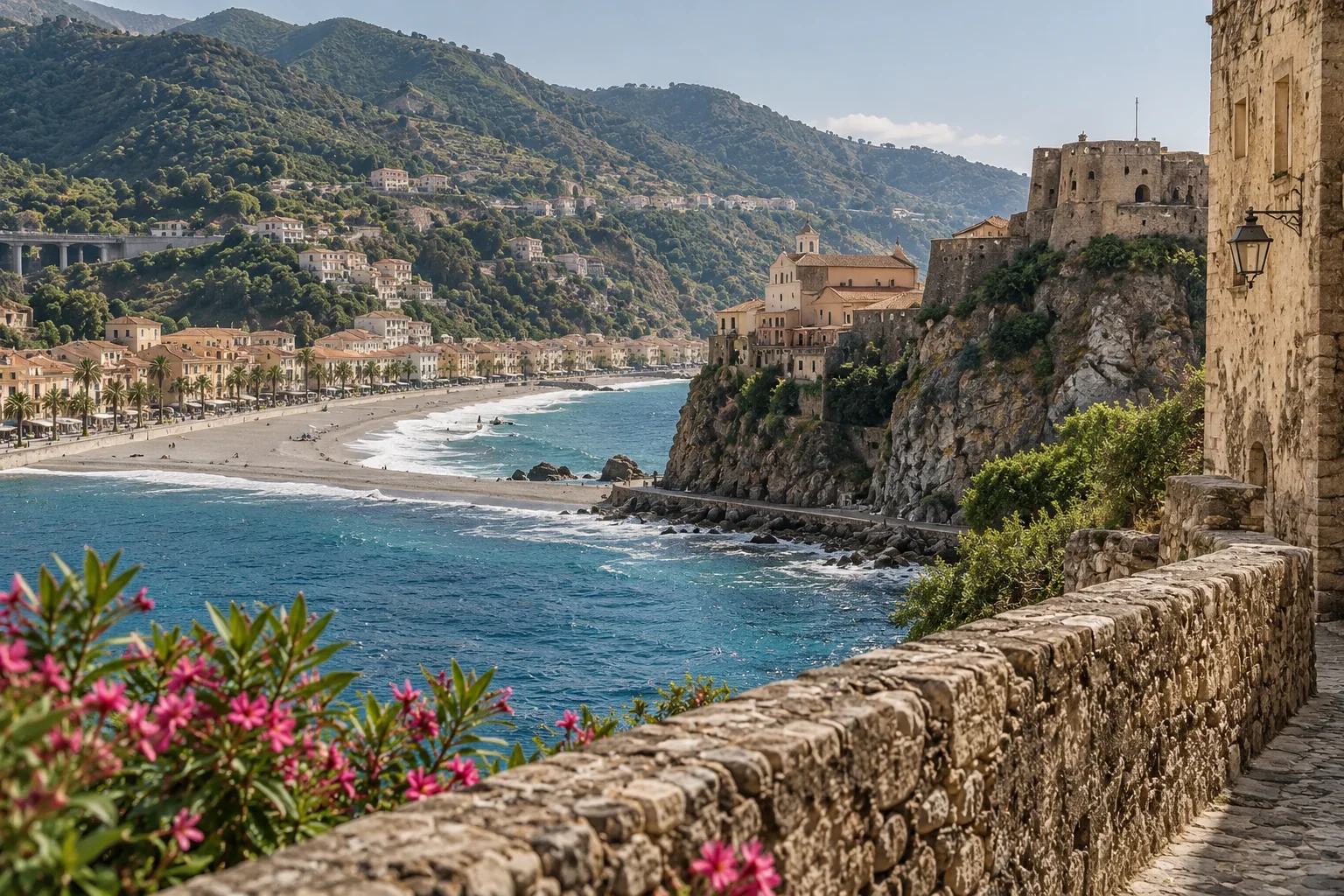 Marina Grande beach in Scilla seen from above, with green mountains behind