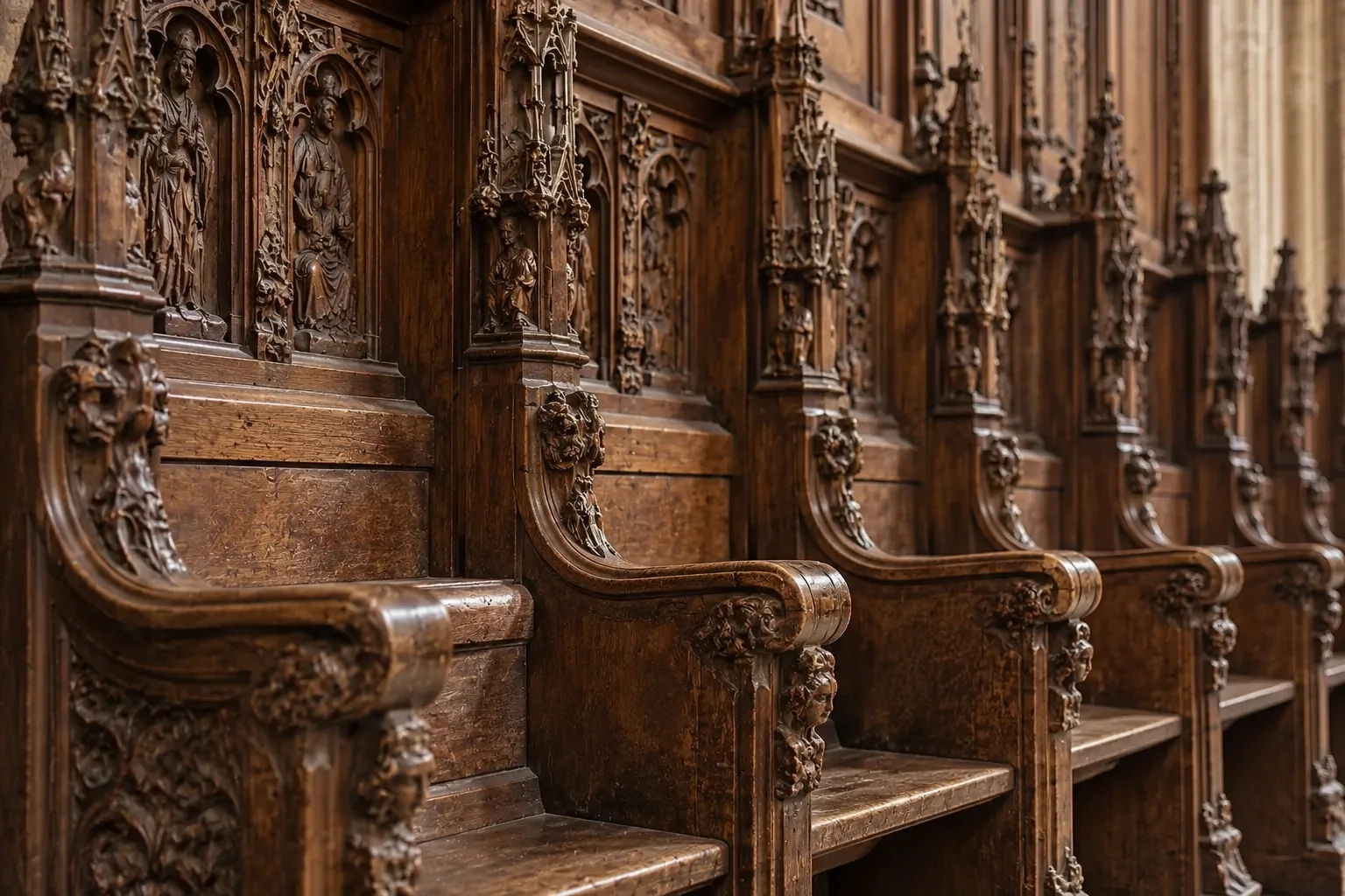 Dark timber seats and carved backs reveal the craftsmanship of the choir stalls.