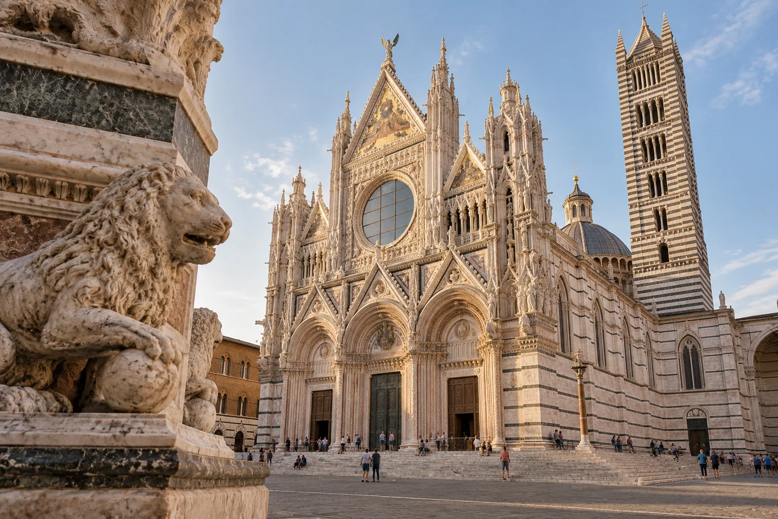 The striped marble facade and bell tower of Siena Cathedral