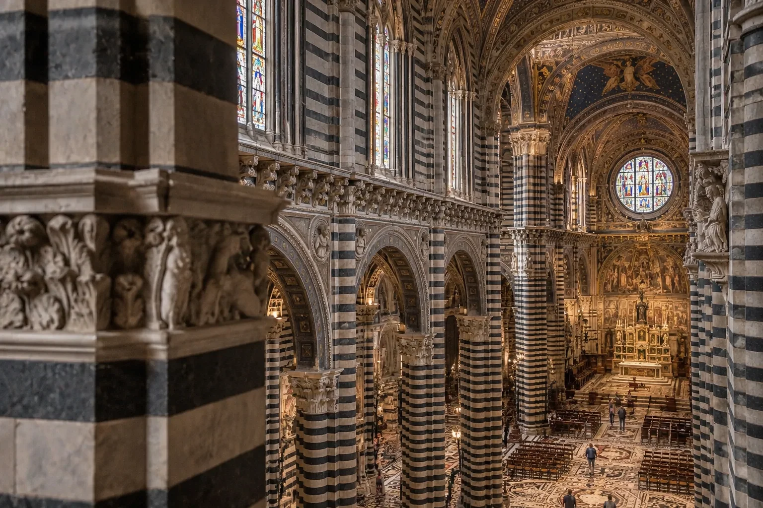 The nave of Siena Cathedral seen from a high gallery, banded in black and white