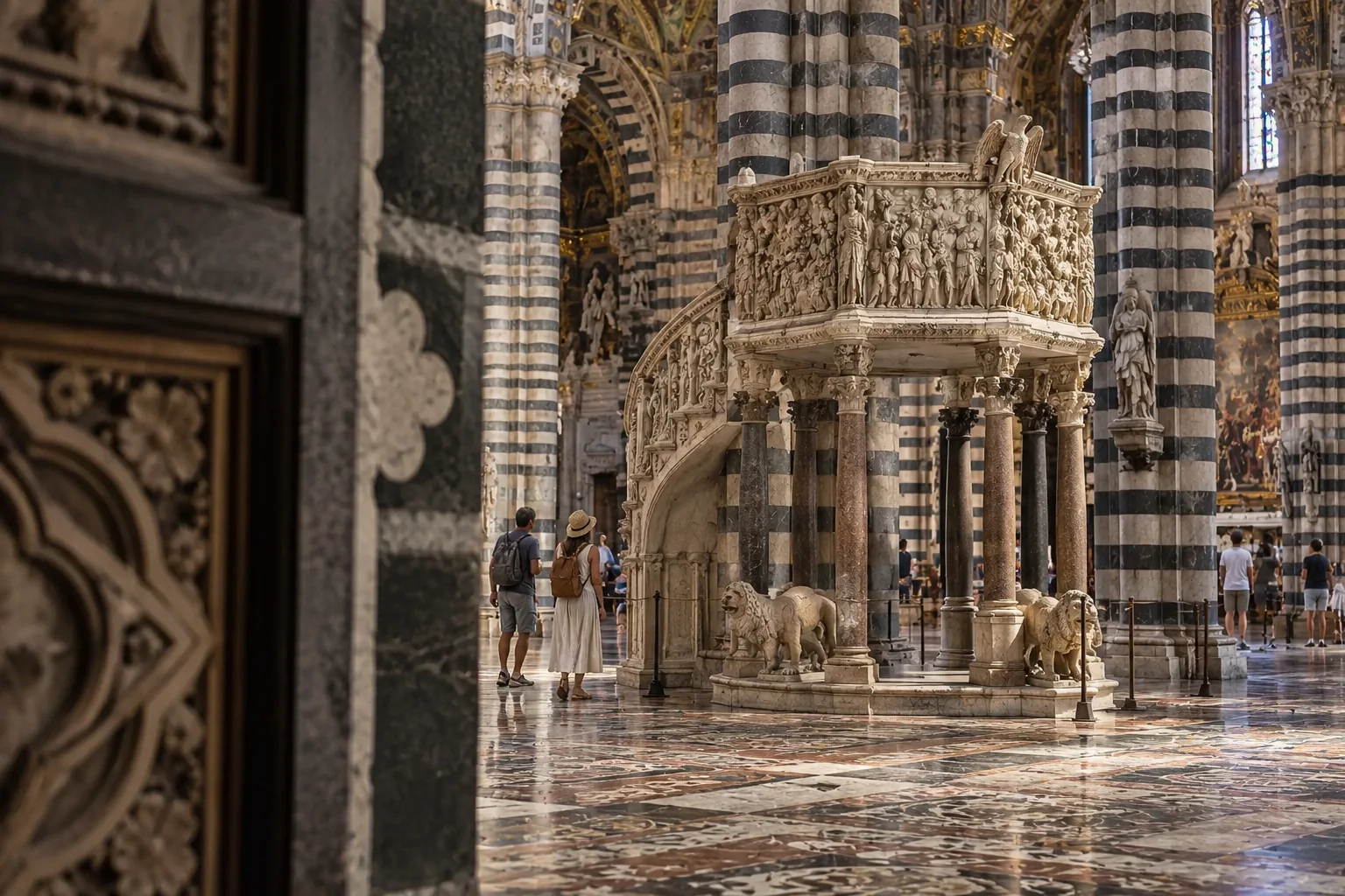 Nicola Pisano’s carved marble pulpit standing among banded columns