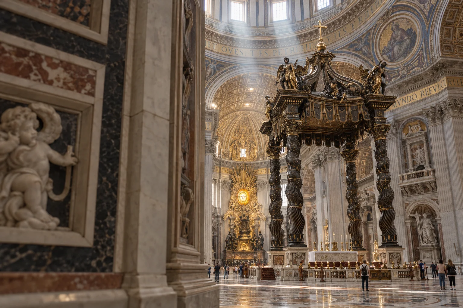 Bernini’s bronze canopy under the dome of St. Peter’s with shafts of light