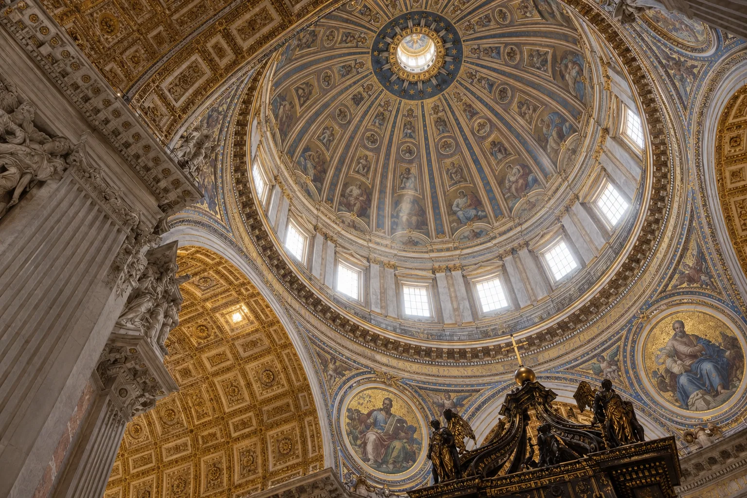 Looking up into Michelangelo’s dome, with gold and blue mosaics