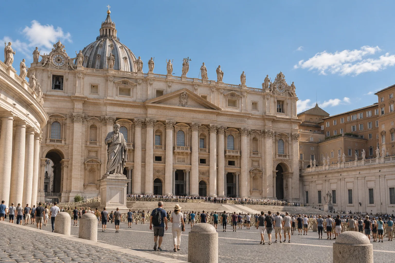 The travertine facade of St. Peter’s Basilica with its colossal statues and a crowd in the square