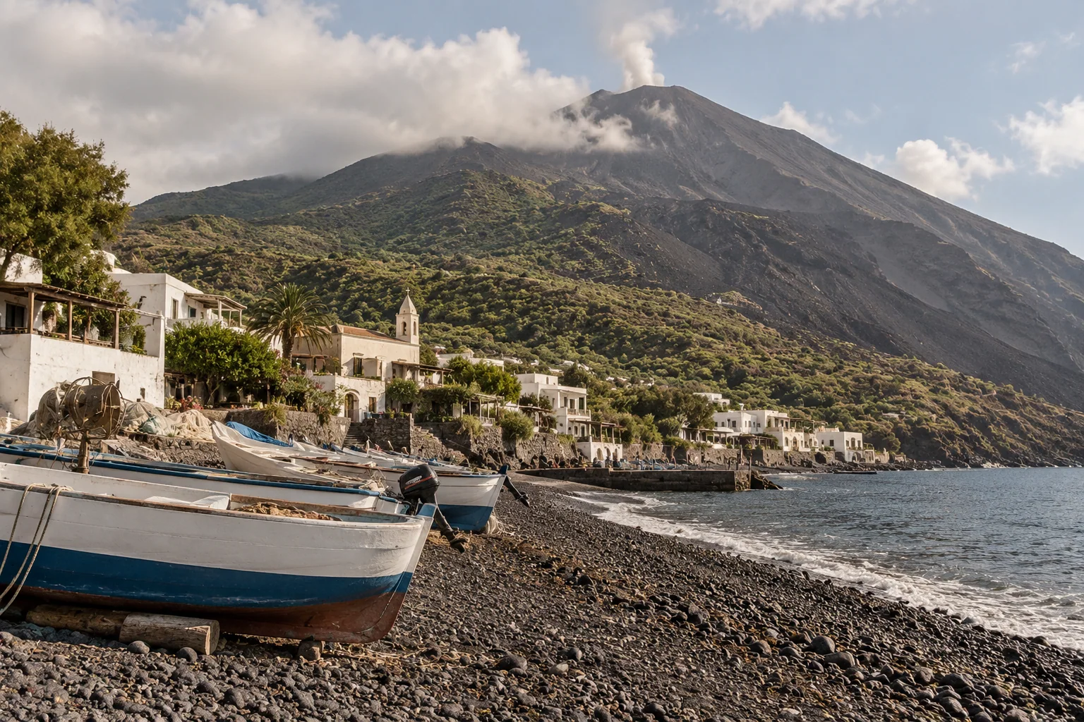 Black volcanic beach, small fishing boats and the slopes of Stromboli above the village