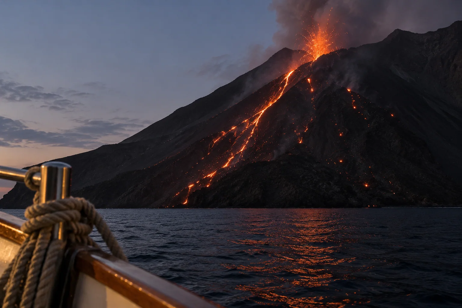 Glowing rivulets of lava running down the dark Sciara del Fuoco slope at night, seen from the sea