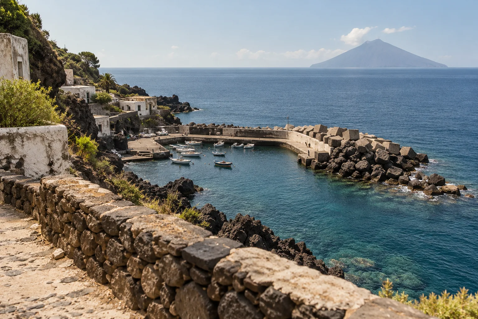 The tiny harbor of Ginostra from above, a curved concrete pier and breakwater over clear turquoise water