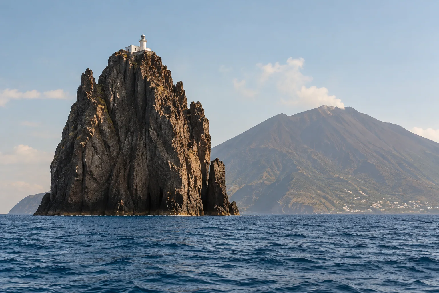 Strombolicchio, a dark volcanic plug topped by a small white lighthouse, seen from a boat on deep blue water