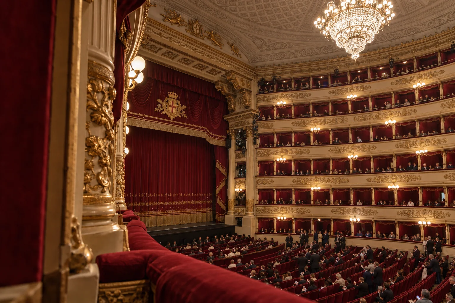 The horseshoe auditorium of La Scala seen from a box, with gilded tiers and crimson stalls