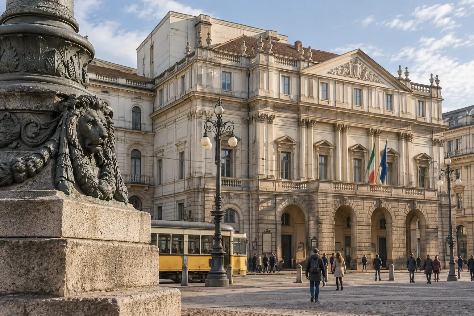 The neoclassical facade of Teatro alla Scala in Milan on a winter afternoon
