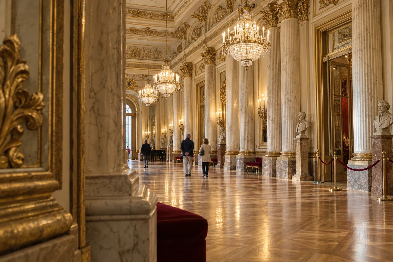 The columned foyer of Teatro alla Scala with chandeliers and a polished floor