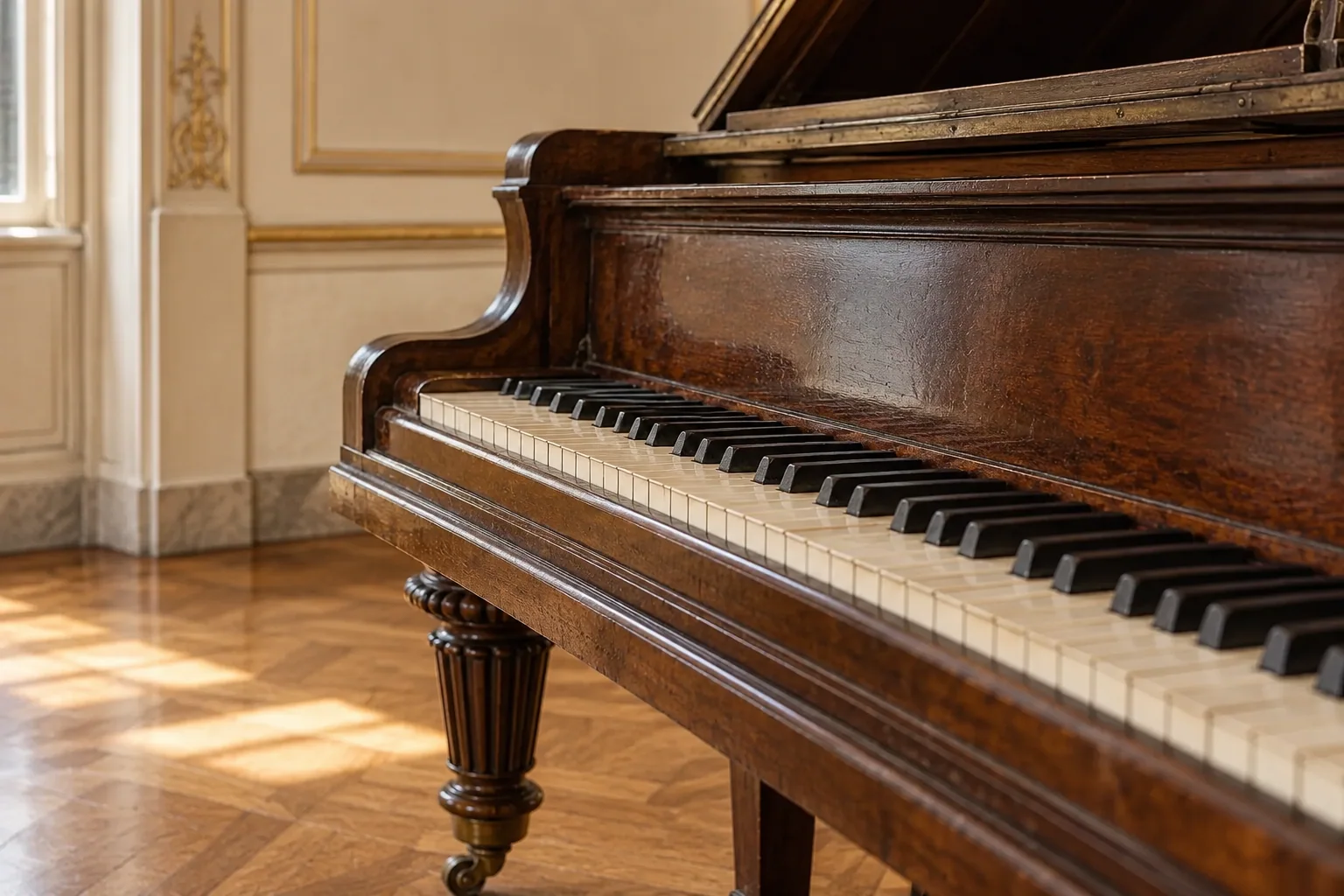 Historic piano keys and dark wood sit above warm parquet in the theatre museum.