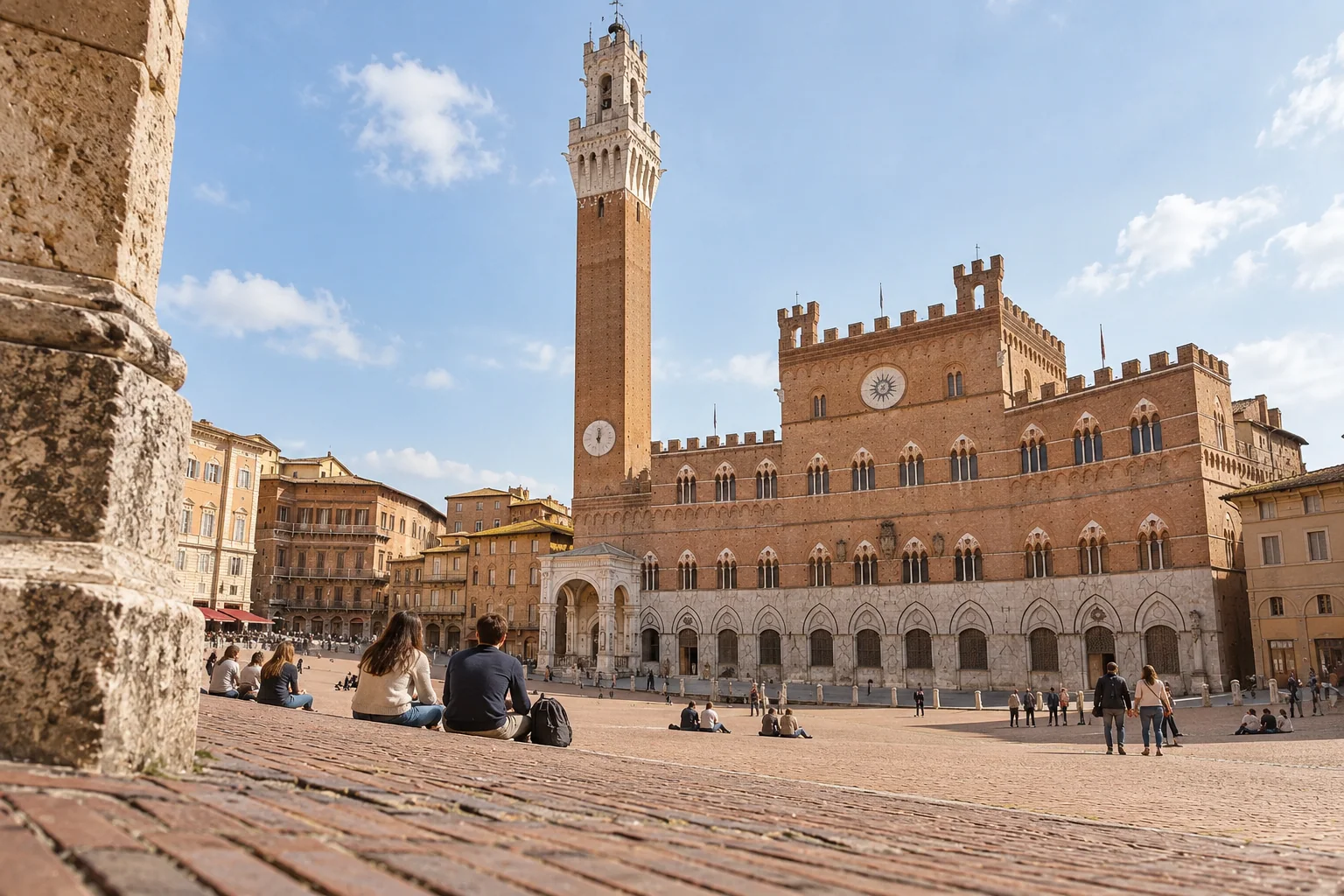 Torre del Mangia rising above Palazzo Pubblico and the brick-paved Piazza del Campo in Siena