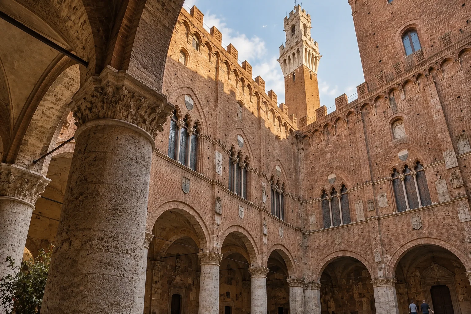 Looking up from the brick Cortile del Podestà in Siena toward the tower